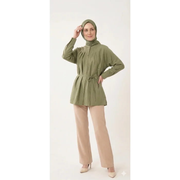 Yazgı Moda Kadın Haki Hakim Yaka Kuşaklı Tesettür Gömlek