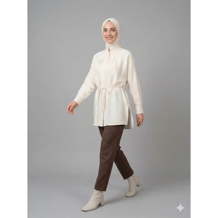 Yazgı Moda Kadın Ekru Hakim Yaka Kuşaklı Tesettür Gömlek