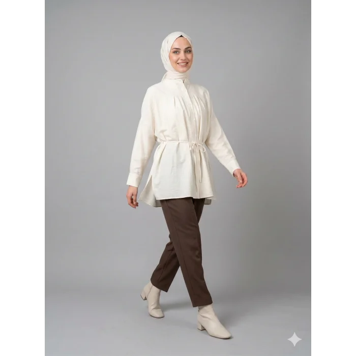 Yazgı Moda Kadın Ekru Hakim Yaka Kuşaklı Tesettür Gömlek