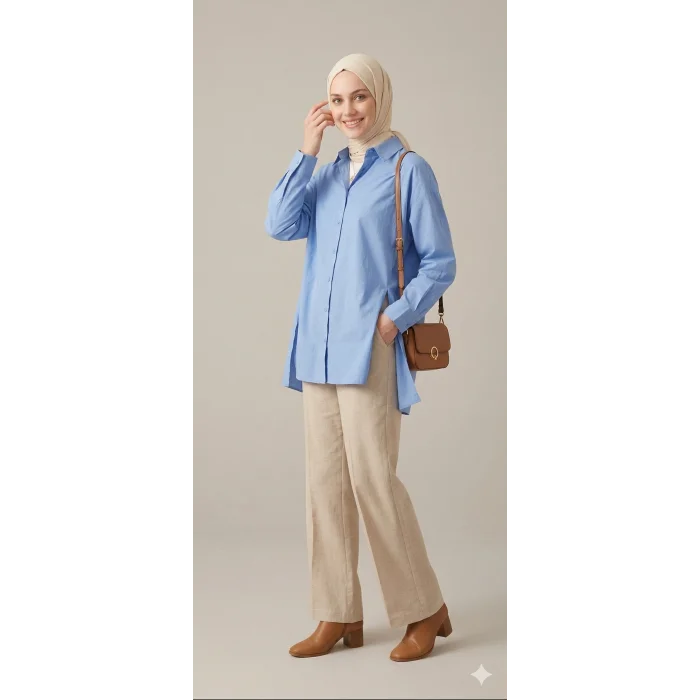 YAZGI MODA Kadın Mavi Çadır Kumaş Yanı Yırtmaçlı Uzun Gömlek Tunik