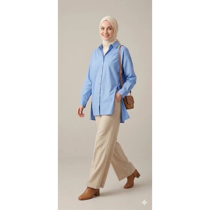 YAZGI MODA Kadın Mavi Çadır Kumaş Yanı Yırtmaçlı Uzun Gömlek Tunik