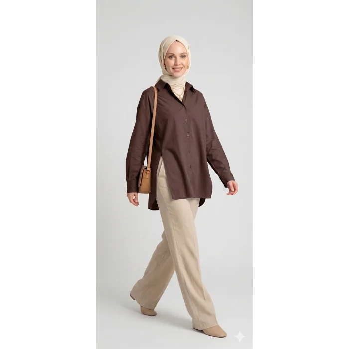 YAZGI MODA Kadın Kahve rengi Çadır Kumaş Yanı Yırtmaçlı Uzun Gömlek Tunik