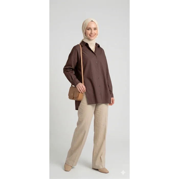 YAZGI MODA Kadın Kahve rengi Çadır Kumaş Yanı Yırtmaçlı Uzun Gömlek Tunik