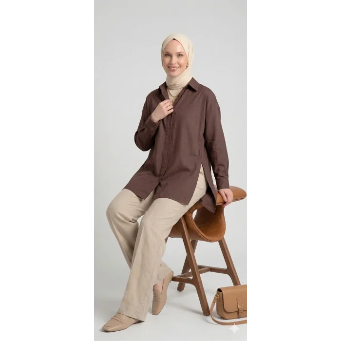YAZGI MODA Kadın Kahve rengi Çadır Kumaş Yanı Yırtmaçlı Uzun Gömlek Tunik