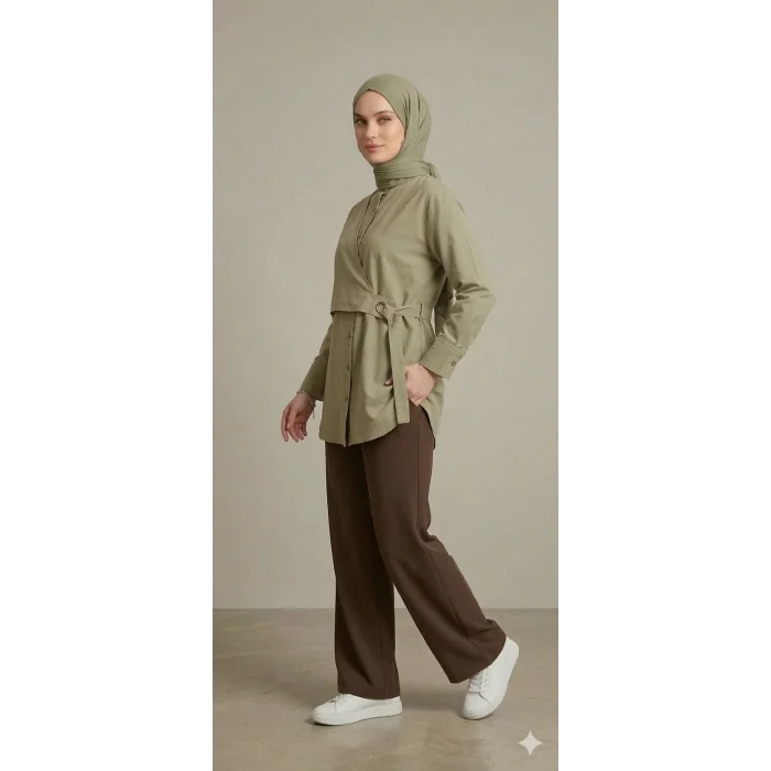 Yeni Sezon | Özel Tasarım Halka Detaylı Kruvaze Görünümlü Tunik - Çağla Yeşil