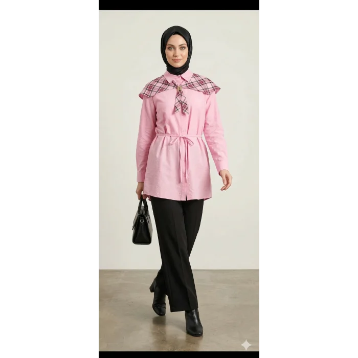 Ekose Pelerin Yaka Detaylı Kuşaklı Pembe Tunik Gömlek