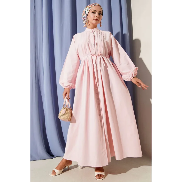 Önü Nervürlü İp Kuşaklı Elbise Pembe