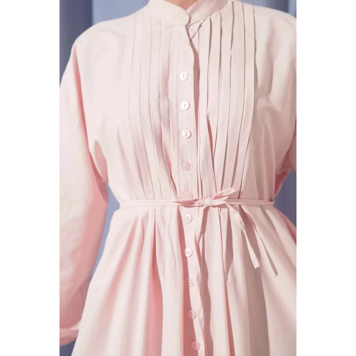 Önü Nervürlü İp Kuşaklı Elbise Pembe
