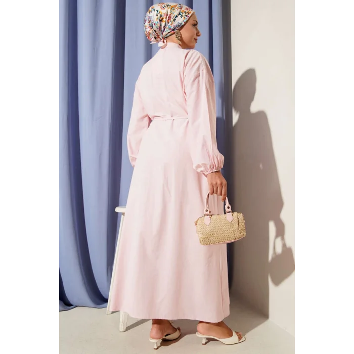 Önü Nervürlü İp Kuşaklı Elbise Pembe