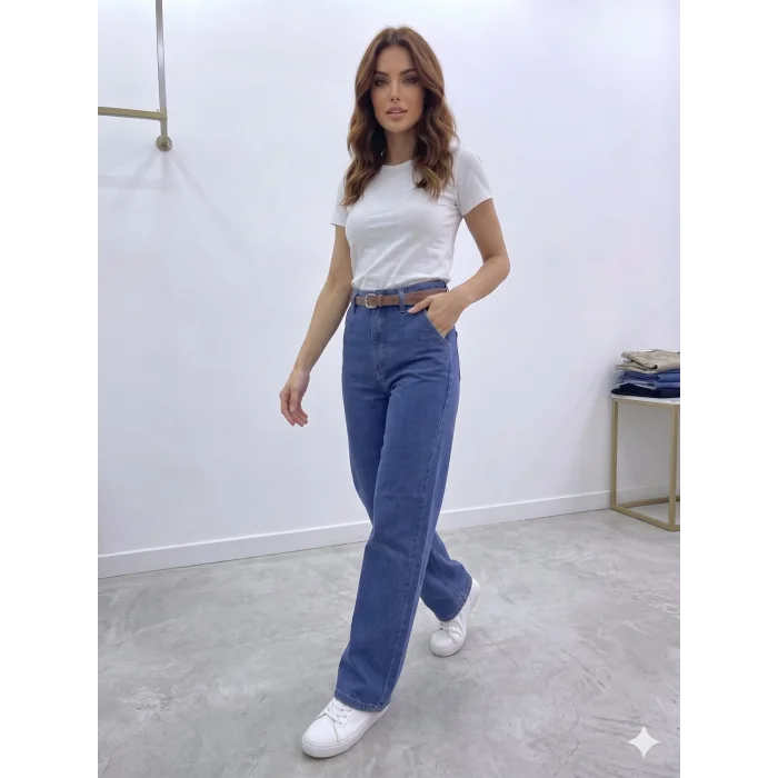 Yüksek Bel Dikiş Detaylı Geniş Kesim Kot Pantolon