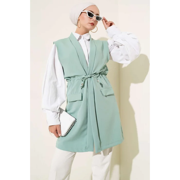 YAZGI MODA Cep Kapaklı Tünelli Yelek Çağla Yeşili