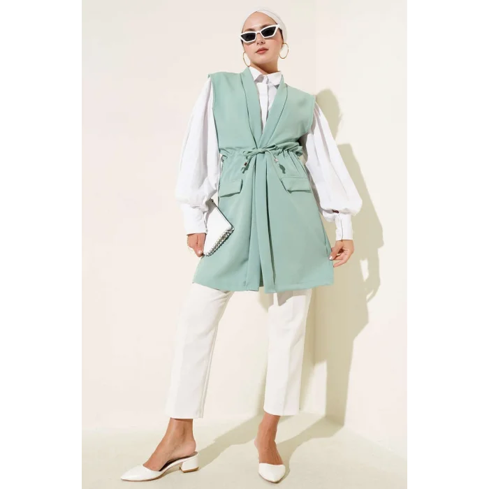 YAZGI MODA Cep Kapaklı Tünelli Yelek Çağla Yeşili