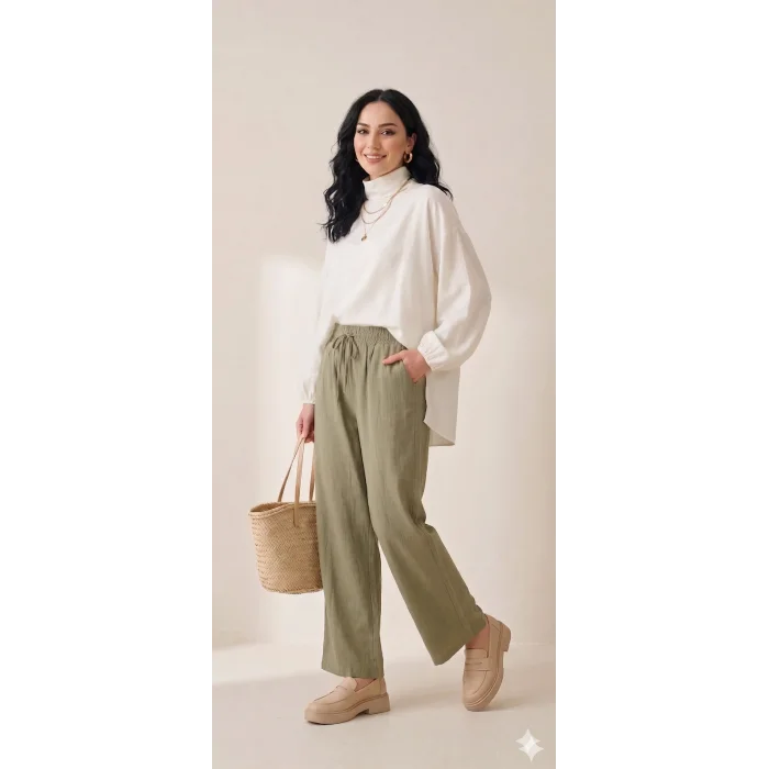 Yazgı Moda Kadın Haki Beli Lastikli Rahat Kalıp Keten Pantolon