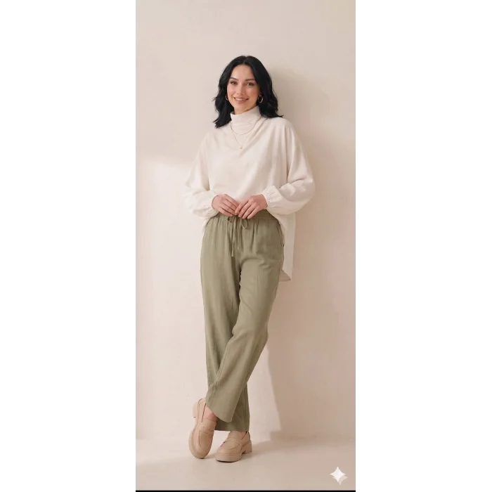 Yazgı Moda Kadın Haki Beli Lastikli Rahat Kalıp Keten Pantolon