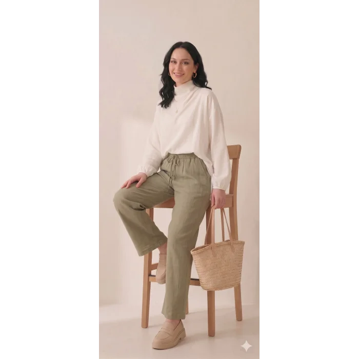 Yazgı Moda Kadın Haki Beli Lastikli Rahat Kalıp Keten Pantolon
