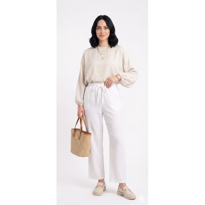 Yazgı Moda Kadın Beyaz Beli Lastikli Rahat Kalıp Keten Pantolon