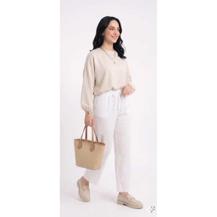 Yazgı Moda Kadın Beyaz Beli Lastikli Rahat Kalıp Keten Pantolon