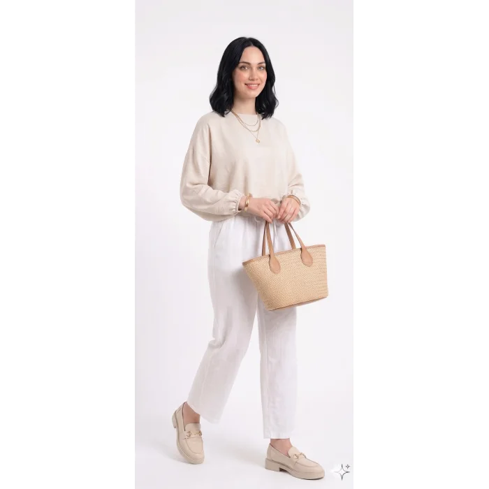 Yazgı Moda Kadın Beyaz Beli Lastikli Rahat Kalıp Keten Pantolon