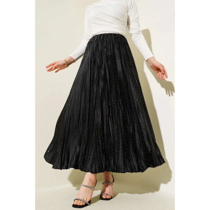 YAZGI MODA Mini Taşlı Pileli Saten Etek Siyah