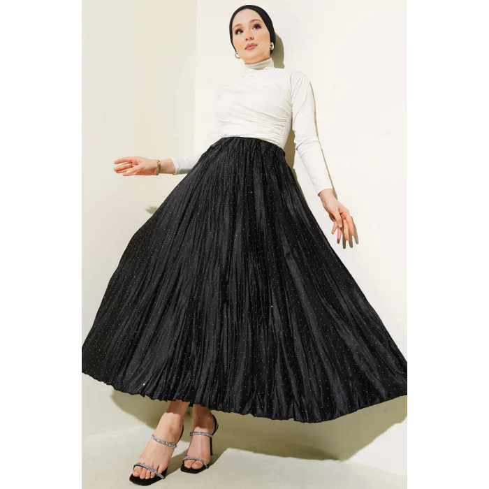 YAZGI MODA Mini Taşlı Pileli Saten Etek Siyah
