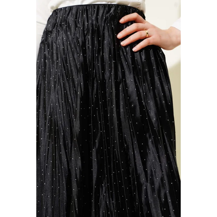 YAZGI MODA Mini Taşlı Pileli Saten Etek Siyah