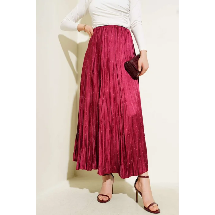 YAZGI MODA Mini Taşlı Pileli Saten Etek Bordo