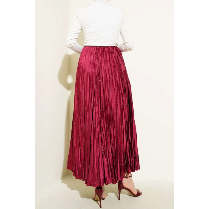 YAZGI MODA Mini Taşlı Pileli Saten Etek Bordo