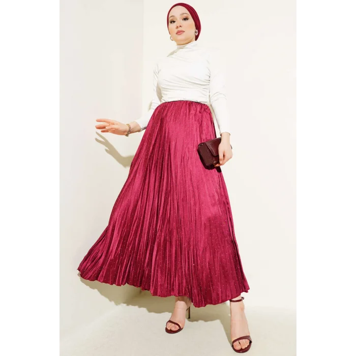 YAZGI MODA Mini Taşlı Pileli Saten Etek Bordo