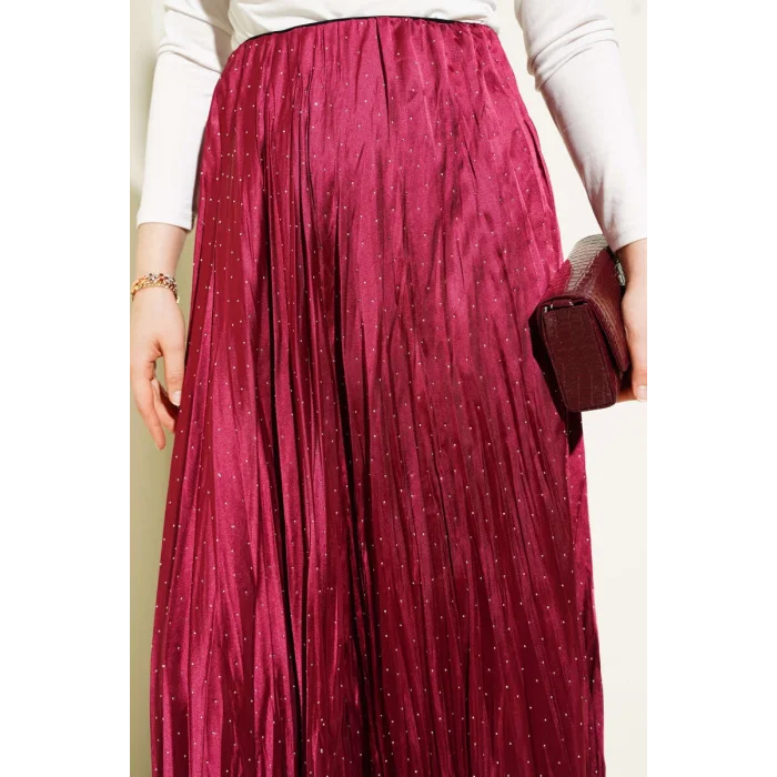 YAZGI MODA Mini Taşlı Pileli Saten Etek Bordo