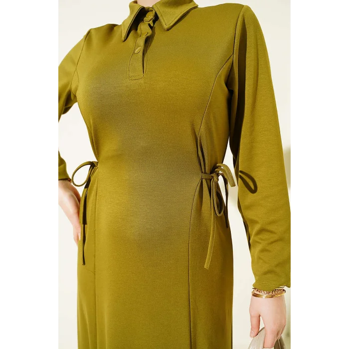 Gömlek Yaka Patlı Elbise Yağ Yeşili