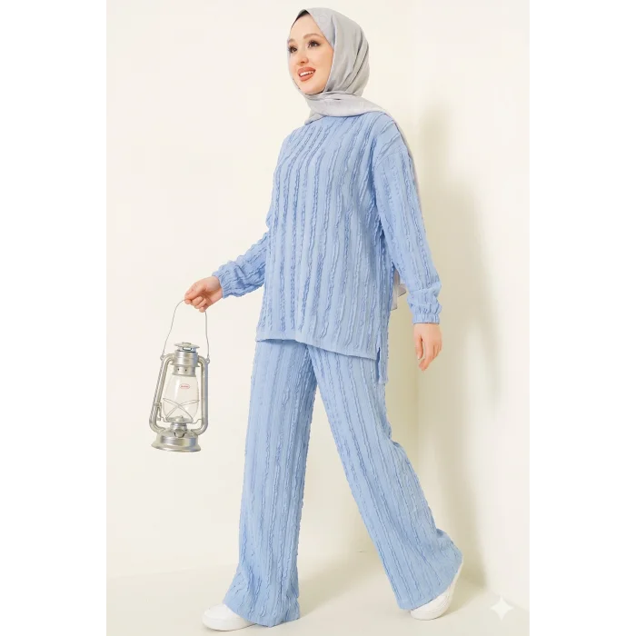 Şerit Fırfırlı Tunik İkili Takım Bebe Mavisi
