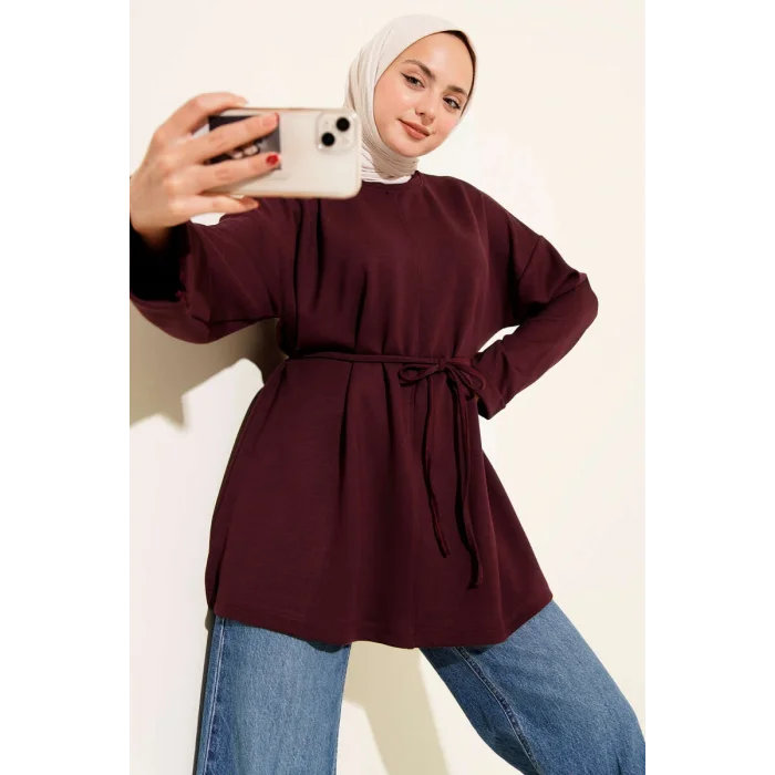 Bisiklet Yaka İp Kuşaklı Tunik Bordo