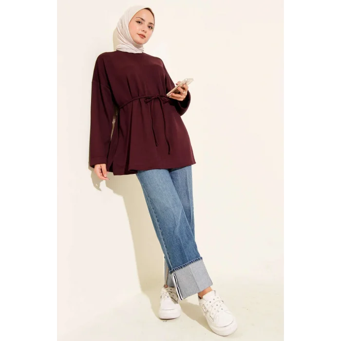 Bisiklet Yaka İp Kuşaklı Tunik Bordo