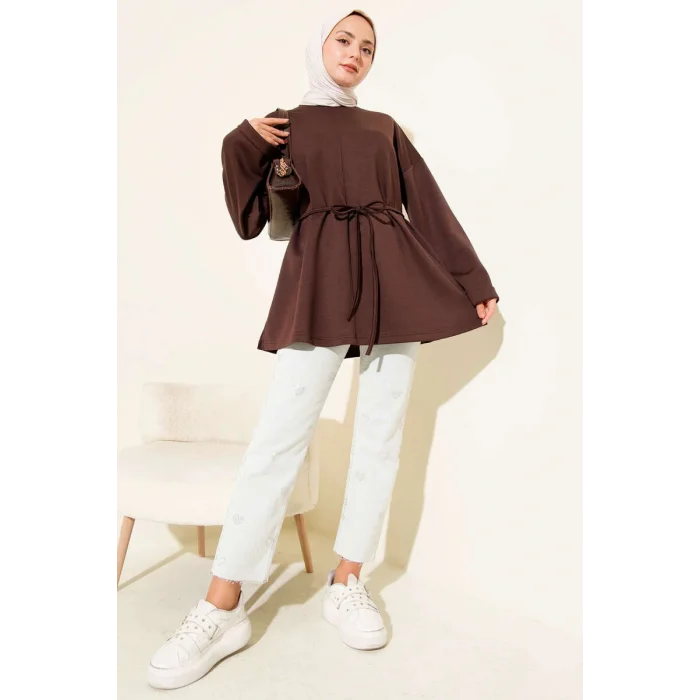 Bisiklet Yaka İp Kuşaklı Tunik Kahve
