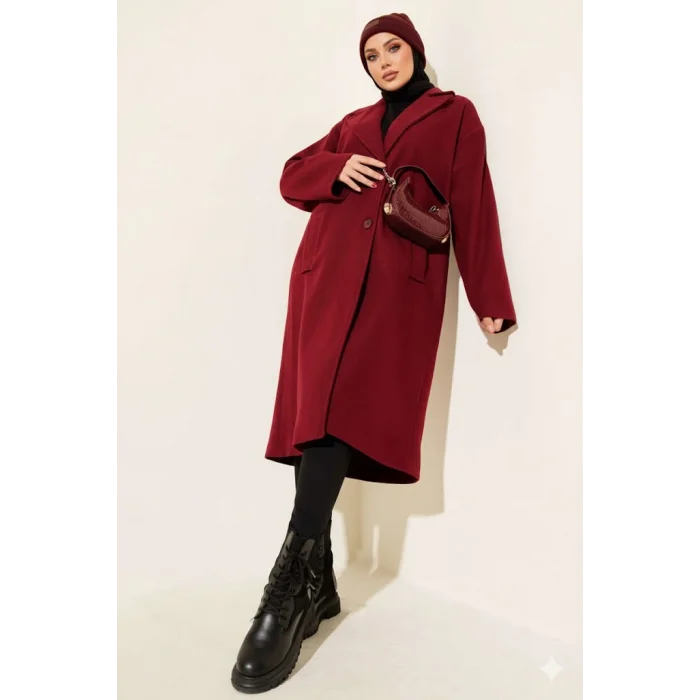 Bordo Premium Kruvaze Yaka Oversize Uzun Kaşe Kaban