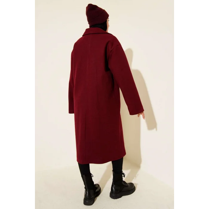 Bordo Premium Kruvaze Yaka Oversize Uzun Kaşe Kaban