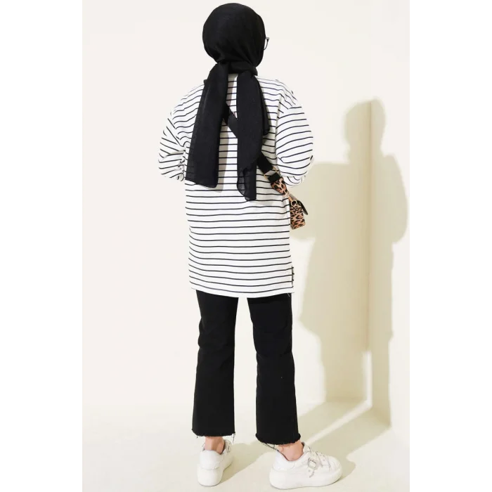 Siyah Beyaz Çizgili Oversize Uzun Tunik