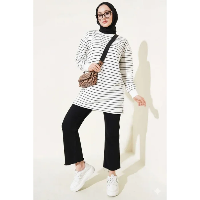 Siyah Beyaz Çizgili Oversize Uzun Tunik