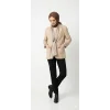 Kadın Bej Atlas Kumaş Blazer Ceket - Çizgili Garnili Şık Ceket