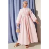 Önü Nervürlü İp Kuşaklı Elbise Pembe