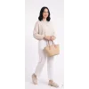 Yazgı Moda Kadın Beyaz Beli Lastikli Rahat Kalıp Keten Pantolon