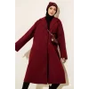 Bordo Premium Kruvaze Yaka Oversize Uzun Kaşe Kaban