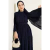 Şerit Fırfırlı Kuşaklı Elbise Lacivert