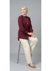 Kadın Bordo Belden Bağlamalı Düğmeli Tesettür Gömlek Tunik