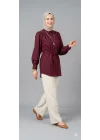 Kadın Bordo Belden Bağlamalı Düğmeli Tesettür Gömlek Tunik