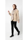 Kadın Bej Atlas Kumaş Blazer Ceket - Çizgili Garnili Şık Ceket