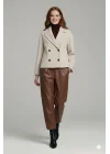 Bej Kadın Premium Kaşe Crop Ceket