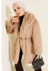 Bej Lüks Kürk Detaylı Uzun Kaban