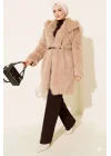Bej Lüks Kürk Detaylı Uzun Kaban