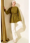 Bisiklet Yaka İp Kuşaklı Tunik Yağ Yeşil